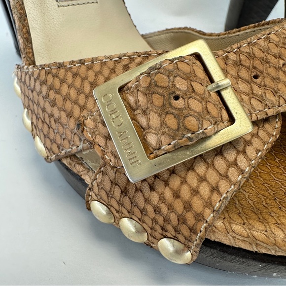 JIMMY CHOO Leather Snake Embossed Tan and Brown Wood High Heels. Size 38 US 8 - Picture 7 of 15